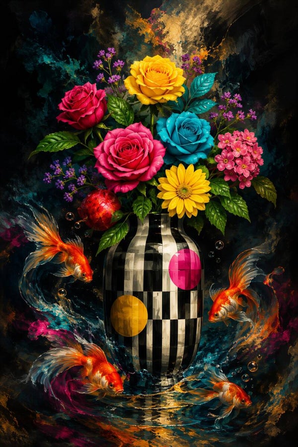 Koi & Appelbloei – kleurrijk kunstwerk met bloemen, koikarpers en abstracte appel