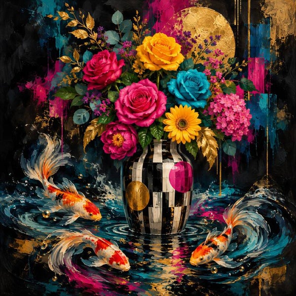 Koi in Kleurenpracht – kleurrijk schilderij met bloemen, koi en vaas