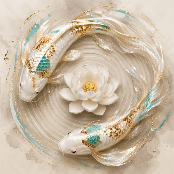 Lotus van Balans – koi vissen schilderij met lotusbloem en goud