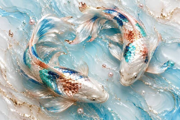 Parelstroom – koi vissen schilderij in turquoise en roségoud