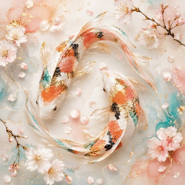Sakura Harmonie – koi vissen schilderij met bloesem en goud