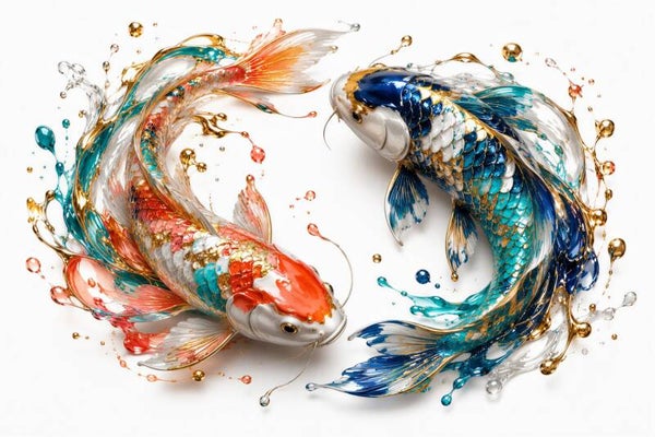 Dans van Voorspoed – koi vissen schilderij in blauw, oranje en goud
