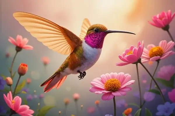 Kolibrie in Bloemenpracht – Zacht en Dromerig Vogel Schilderij voor Romantisch Interieur