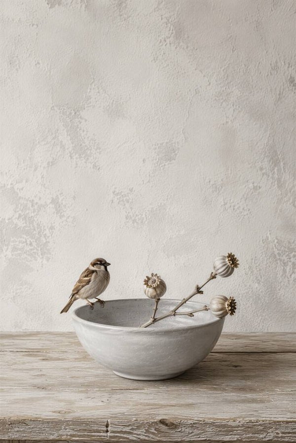 Kom vol Rust – botanisch schilderij met mus en zaaddozen