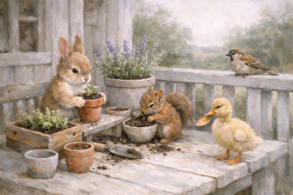 Groene Pootjes – landelijk schilderij met konijn, eekhoorn en eendje