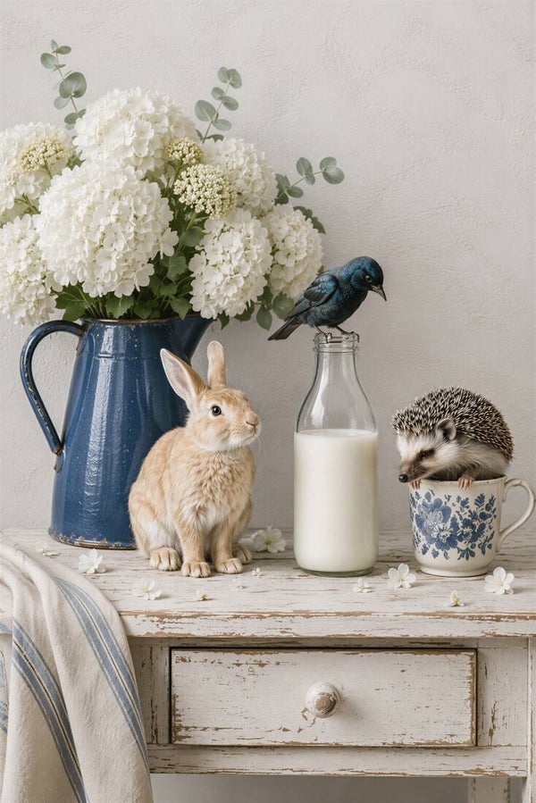 Samen aan de Melkfles – konijn egel vogel schilderij landelijk bloemen melkfles dieren