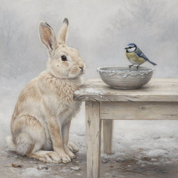 Winterontmoeting – konijn en pimpelmees schilderij, landelijke stijl