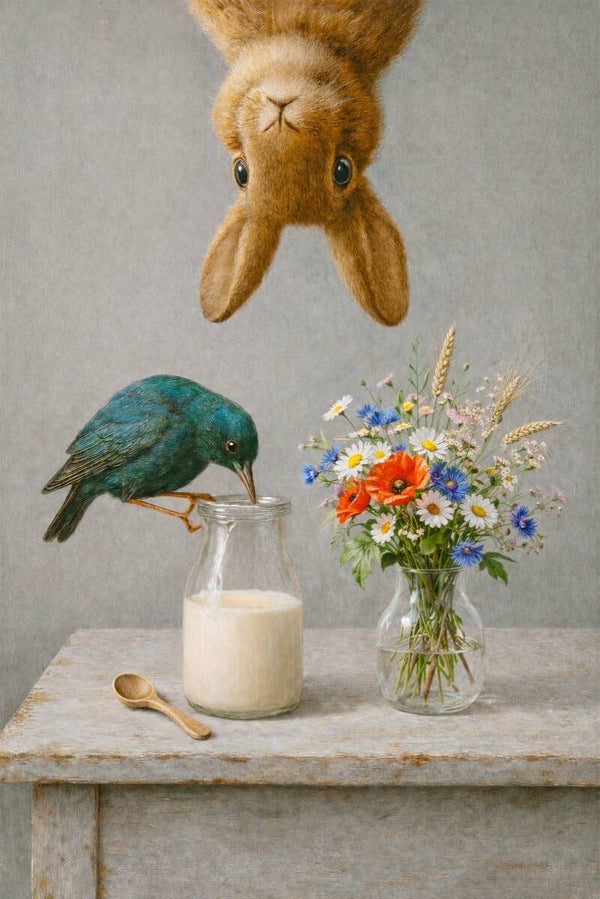 De nieuwsgierige melkrovers – schilderij konijn en vogel bij melkkan