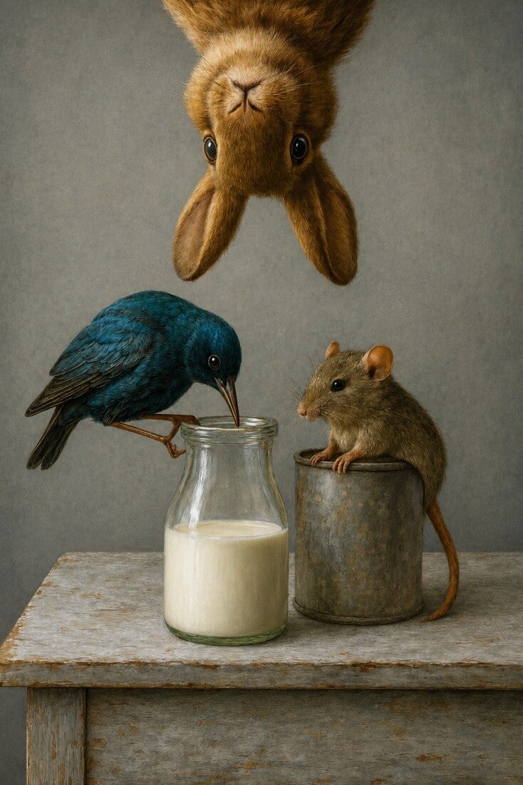 De Melkrovers – dieren schilderij konijn vogel muis