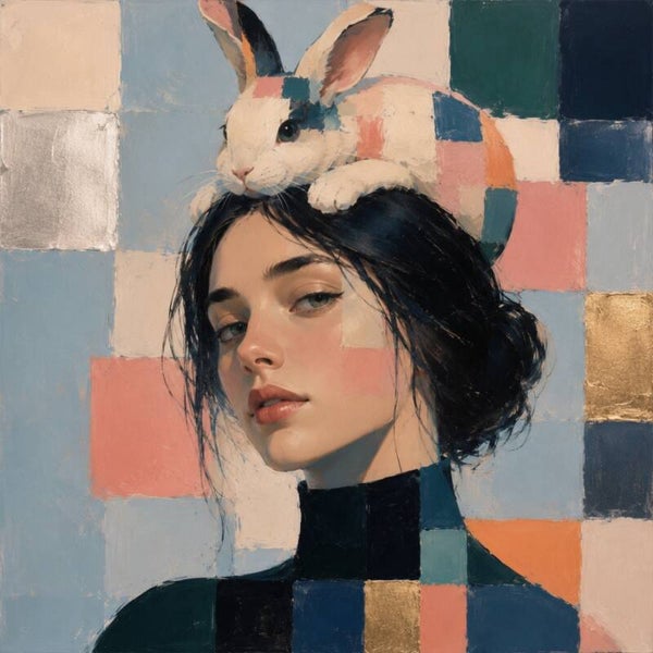 Konijnenkroon – modern vrouw schilderij met konijn