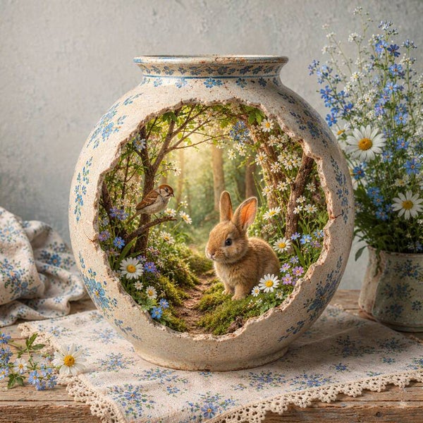 Konijnenpad vol Licht – landelijk schilderij met konijn en mus