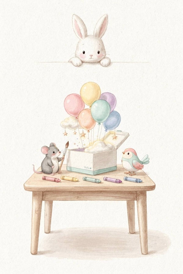 Verrassingsdoos – konijntje, muis en ballonnen schilderij kinderkamer