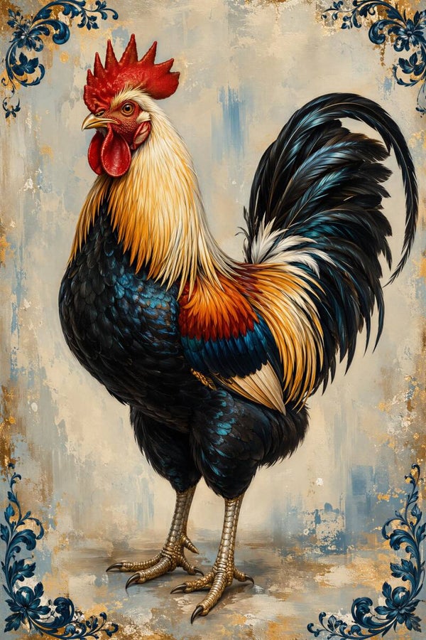 Koninklijke Erfhaan – Kleurrijk haan schilderij met blauw, goud en landelijke wanddecoratie