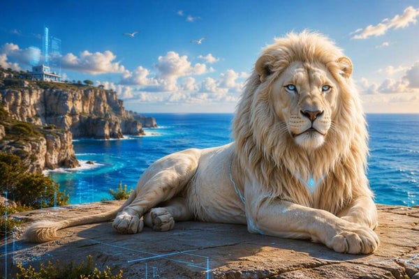 Azure Majesty – witte leeuw aan rotskust schilderij
