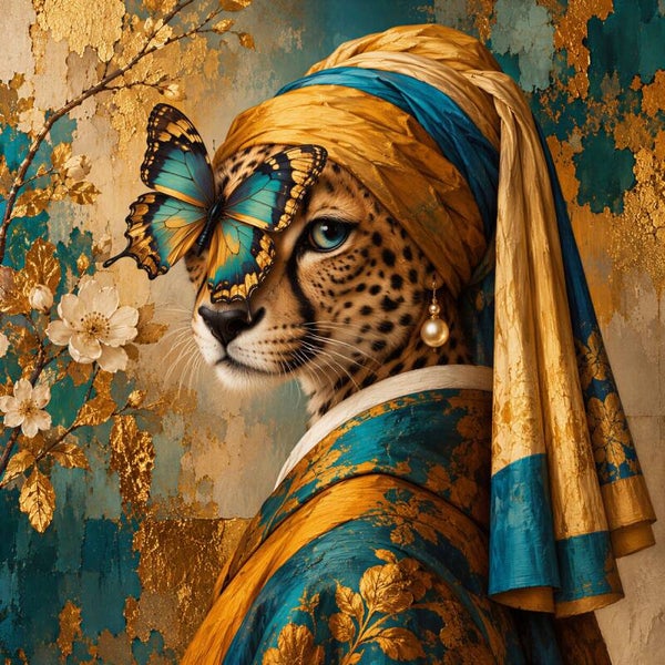 Koninklijke Parelblik – luipaard schilderij met vlinder in turquoise en goud