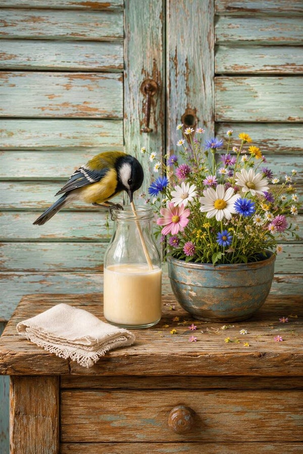Melkpauze in Bloei – koolmees schilderij met melkfles en veldbloemen