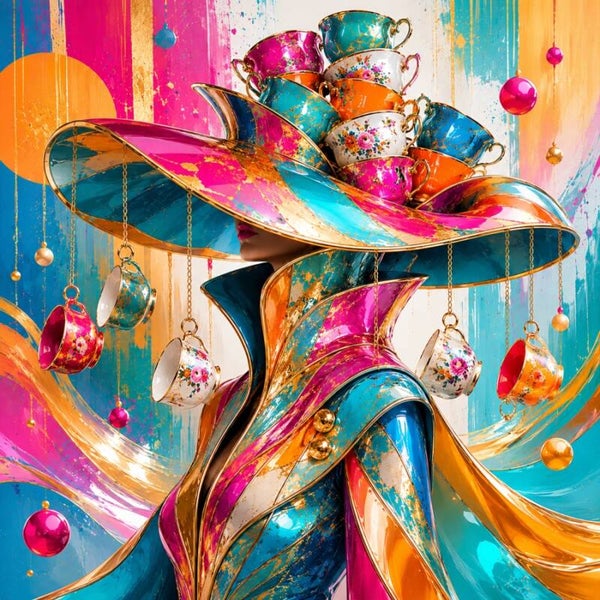 Kopjeskaravaan - kleurrijk vrouw schilderij met theekopjes en fantasiehoed