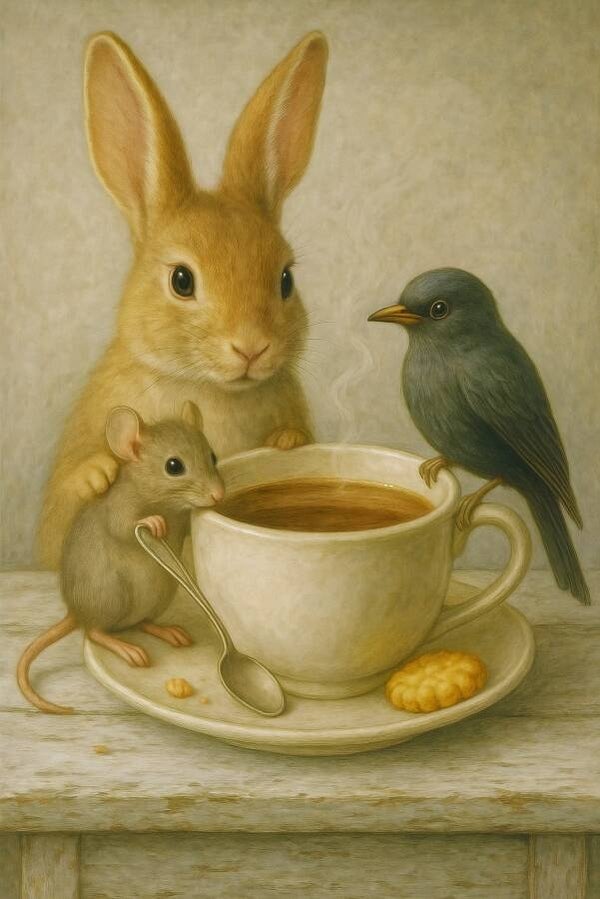 Kopjesrust & Kleine Vrienden – schilderij konijn, muis en vogel bij mok warme drank