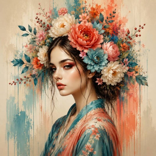 Koraalbloei – schilderij vrouw met bloemenkroon in koraal en blauw