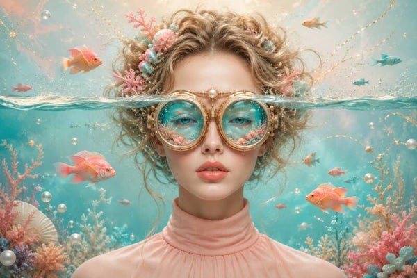 Koraalromance – schilderij vrouw met duikbril en roze vissen