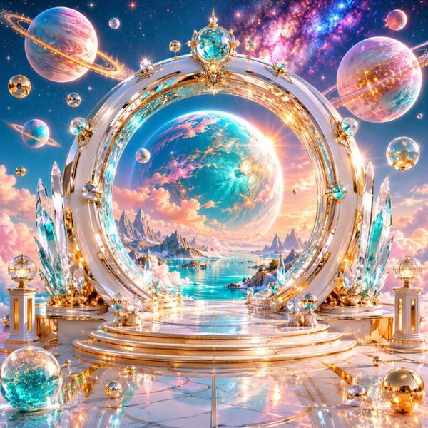 Celestial Portal - Luxe Kosmisch Portaal Schilderij met Planeten en Kristal
