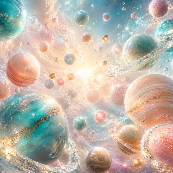 Celestial Symphony - Luxe Abstract Kosmisch Schilderij met Marmeren Planeten