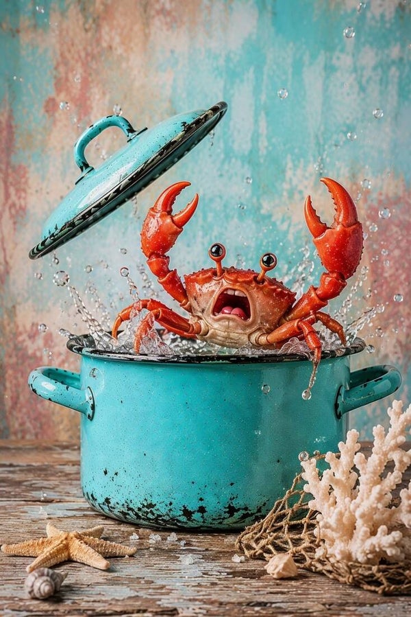 Krab uit de Pan – schilderij met grappige krab in turquoise emaille pan