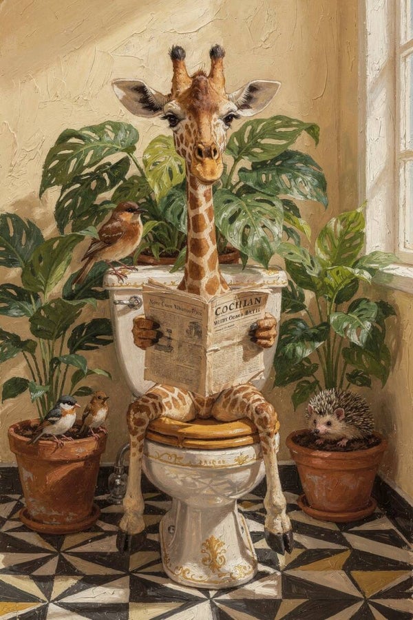 Krant & Kroon – schilderij met giraffe op toilet in botanische badkamer