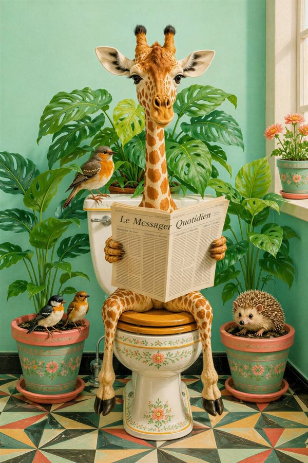 Krant & Kroon – schilderij met giraffe op toilet in botanische badkamer