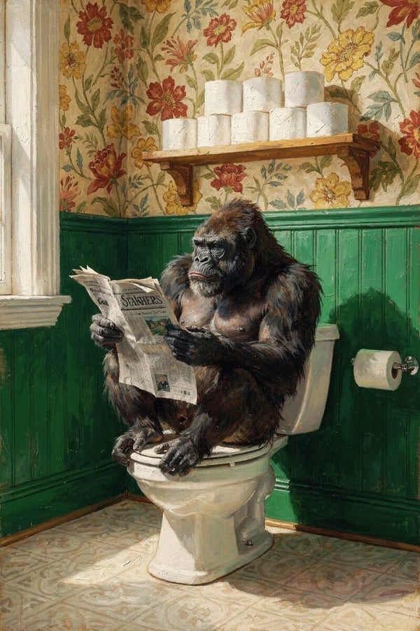 Krantenkracht – schilderij met gorilla op toilet