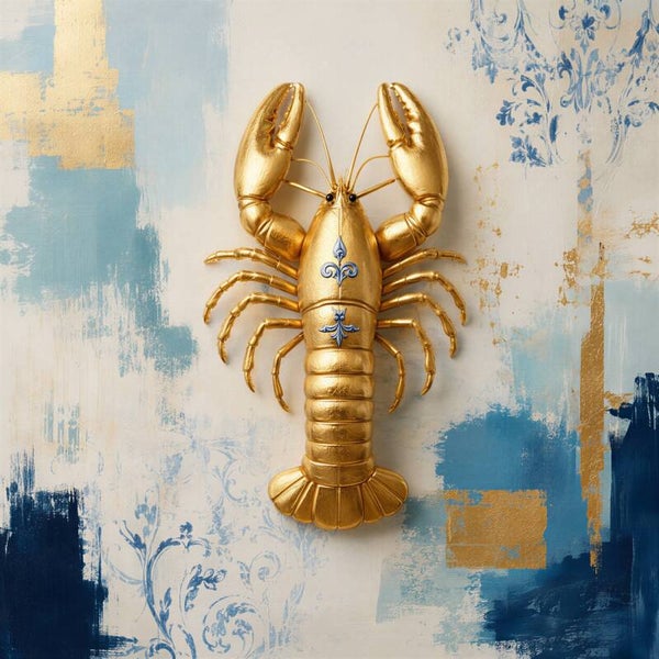 Blauw Bloed – kreeft schilderij goud blauw abstract keuken