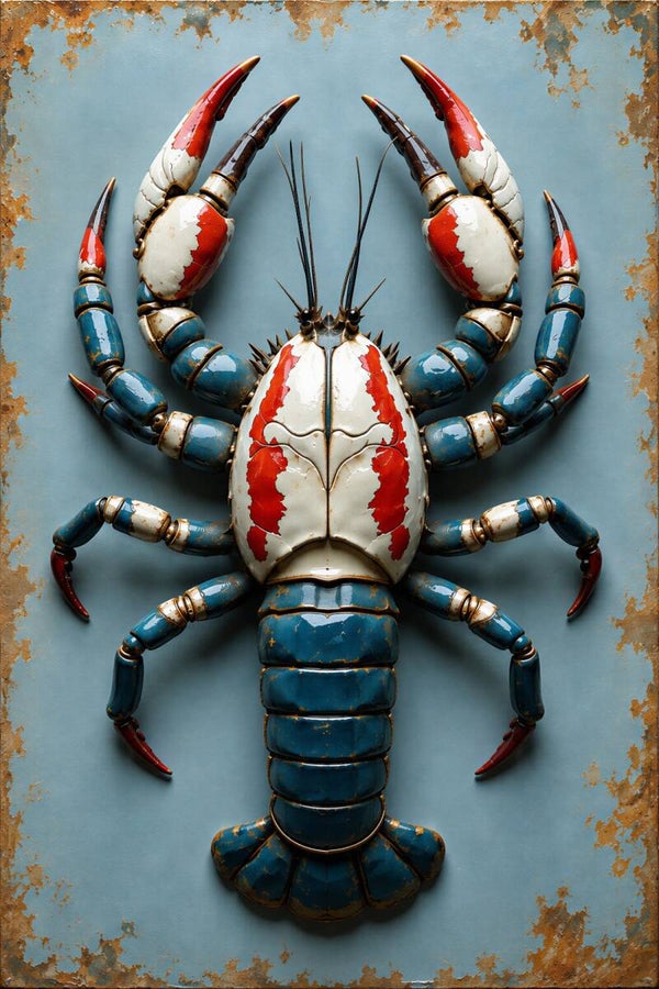 Coastal Catch – kreeft schilderij in rood, blauw en wit met vintage uitstraling