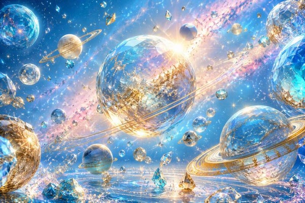Crystal Cosmos – kristallen planeten blauw goud schilderij