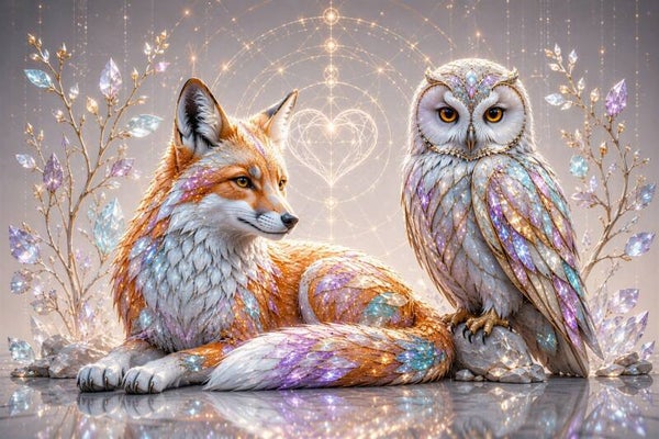 Crystal Kinship – Vos en Uil Cyber Fantasy Schilderij in Goud Lila en Blauw