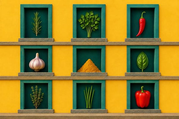 Kruidenkast – kleurrijk keuken schilderij met kruiden, knoflook en paprika