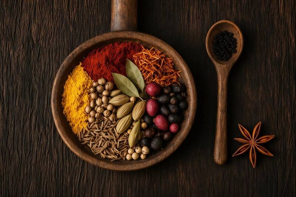 Kruidenpalet – keuken schilderij met specerijen en houten pan