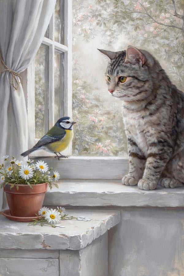 Fluistervriendjes bij het Raam – schilderij kat en vogel landelijk romantisch
