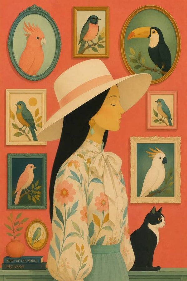 Vogelgalerij – vrouw schilderij met vogels en kat