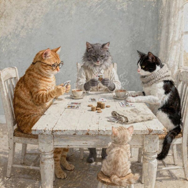 De Pokeravond – Schilderij Katten aan Tafel – Oranje, Grijs & Zwart – Nostalgisch Dierportret