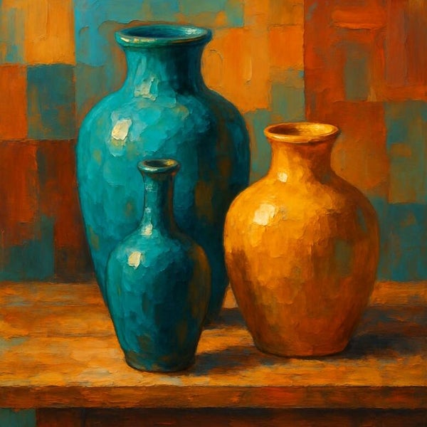 Kunst voor in de keuken – abstracte turquoise en okergele vazen