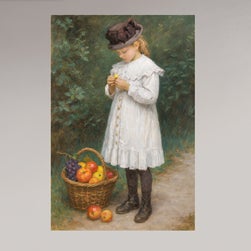 Kunstafdruk op aluminium met meisje in witte jurk en fruitmand – matte wanddecoratie met zachte kleuren