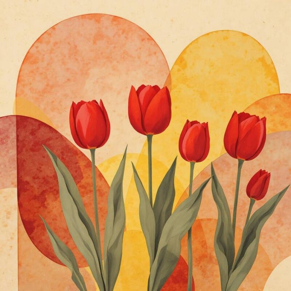 Rode Zomerhoogte – tulp schilderij met warme oranje en gele achtergrond