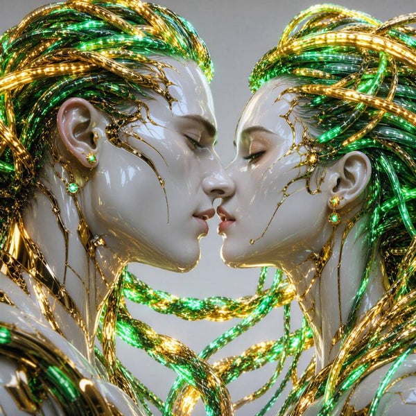 Emerald Connection – kussende robots groen goud schilderij