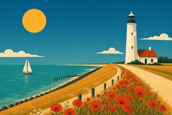 De Witte Vuurtoren – vuurtoren, kustlandschap en zeilboot