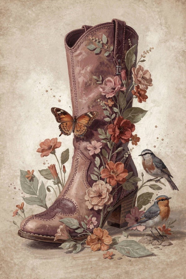 Landelijke Bloei – schilderij laars met bloemen, vlinder en vogels