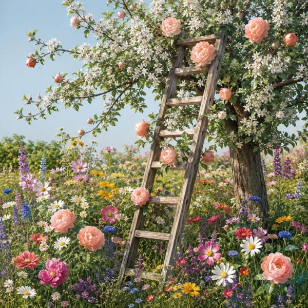 Ladder naar Bloesem – landelijk schilderij met bloemenweide en bloeiende boom