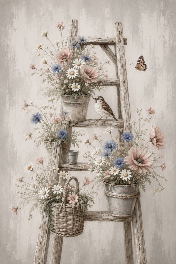 Ladder vol Bloemen – landelijk schilderij met veldbloemen en musje