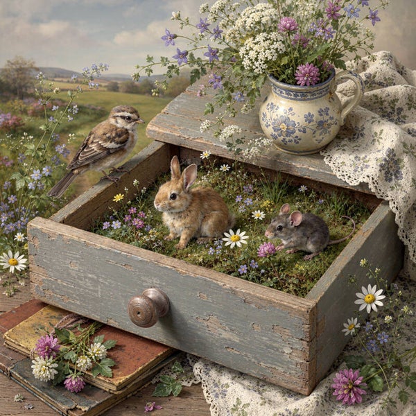 Ladetuintje – konijn schilderij met muis en vogeltje