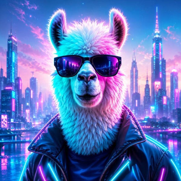 Llama After Dark – neon lama met zonnebril schilderij