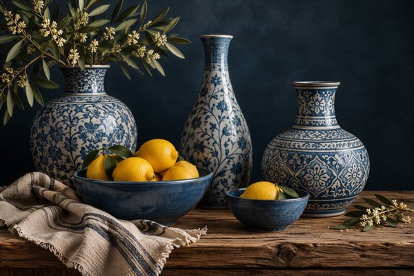 Landelijk Blauw – landelijk schilderij keuken met vazen, citroenen en olijftakken